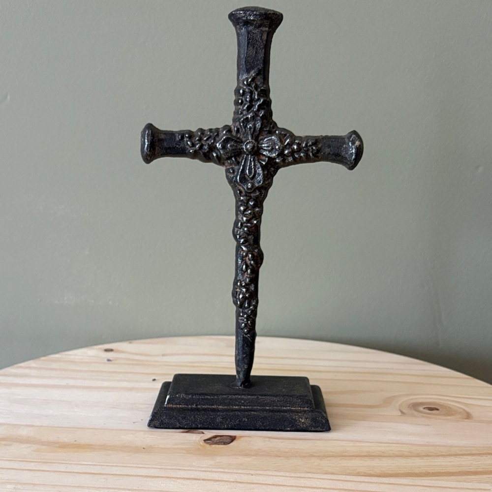 Decorative Cast Metal Cross Sculpture in Distressed Black - Home Art Accent